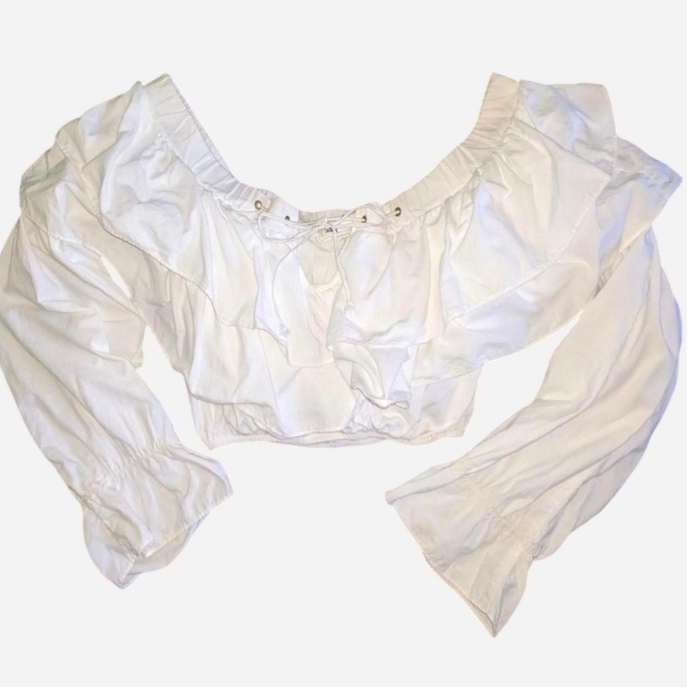 1990s vintage long sleeve ruffle blouse grommet white crop top shirt